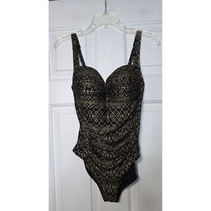 NIPTUCK SWIM Swimsuit Size 8 US One-Piece Black w/ Gold Design Multi Fit Cup NWT